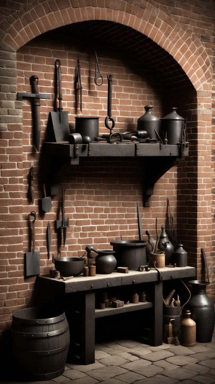 Medieval Blacksmith and Apothecary Crafting in a Historic Brick Setting