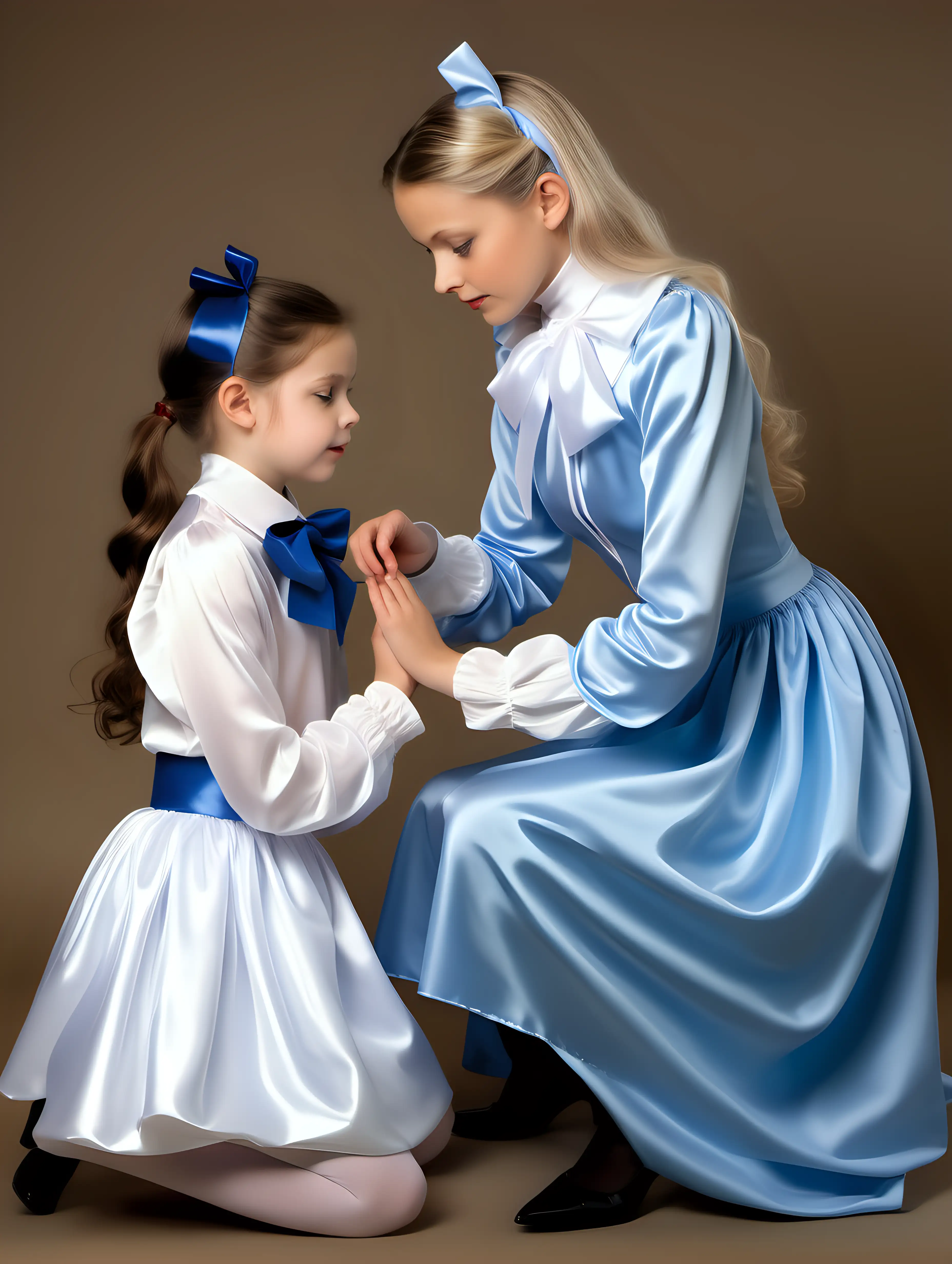Little Girl 8 years old wearing a white satin long-sleeve blouse with big ribbon-bow collar and softly gathered white satin skirt kneels on both knees before her fairy godmother wearing a long blue satin dress with high collar-bow around neck and long sleeves full body profile, with mother in faery costume with black pantyhose