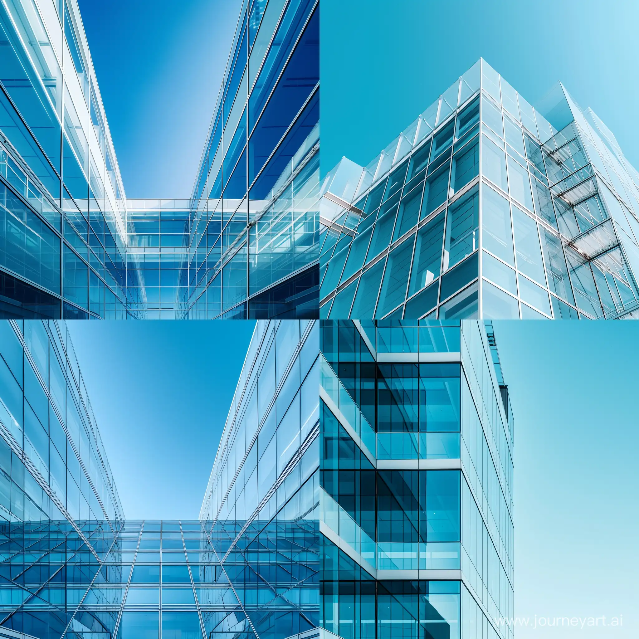 futuristic and modern building with glass walls, blue sky