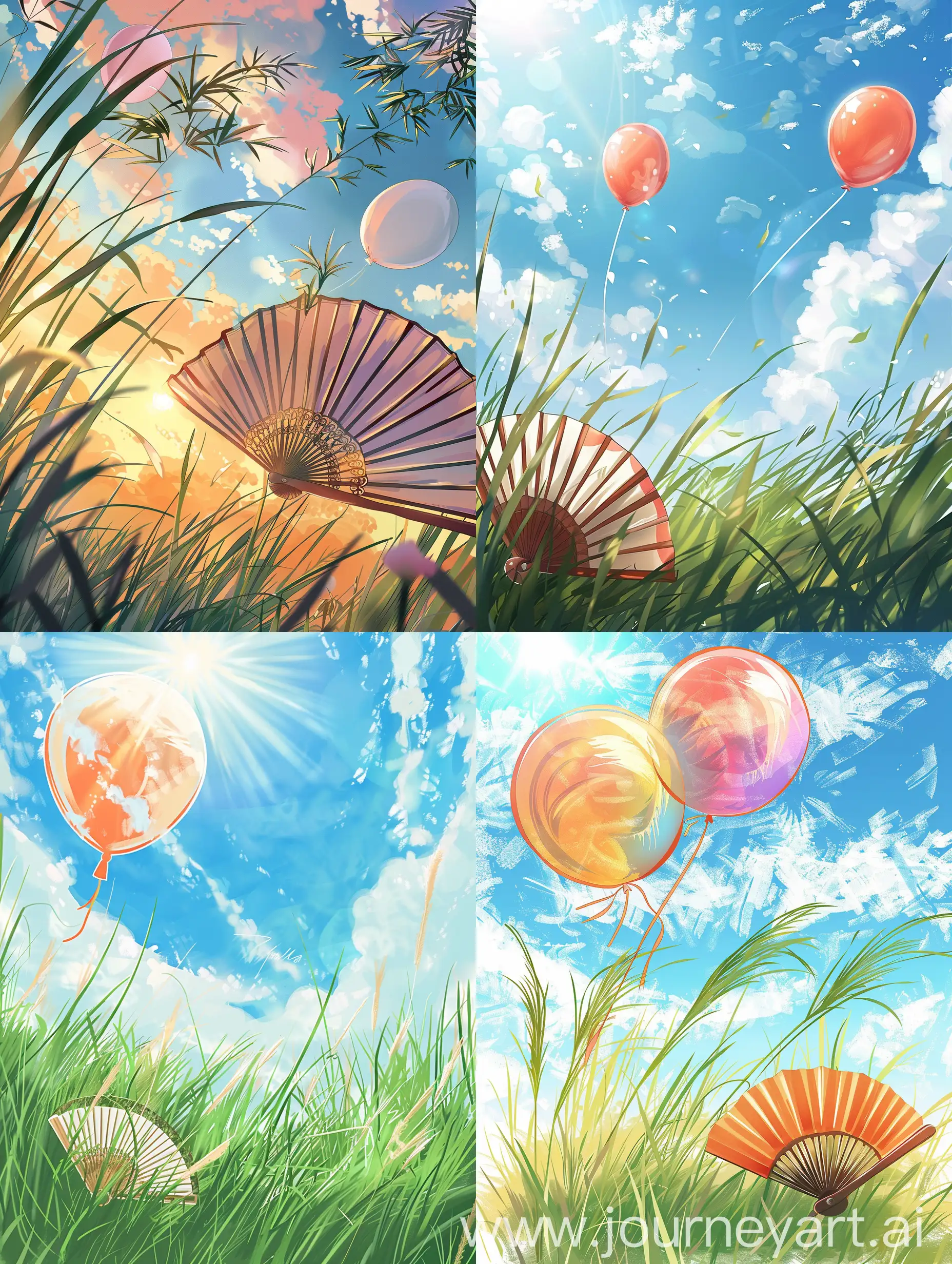 Balloon, fan, grass and sky, anime style.