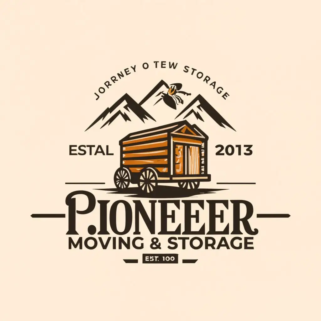 a logo design,with the text "Pioneer Moving & Storage", main symbol:Covered Wagon, Mountains, Beehive,Moderate,clear background
