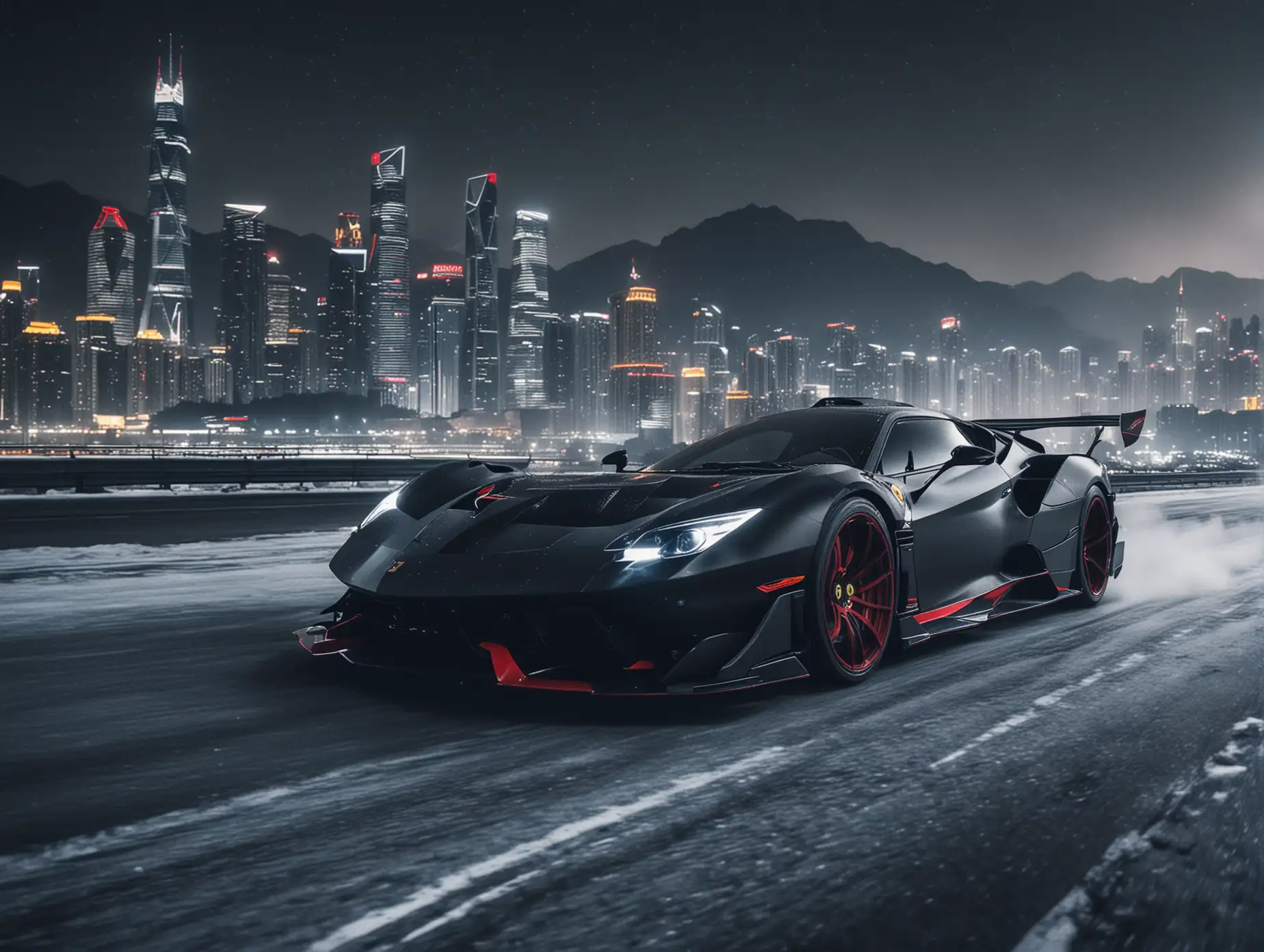 Create futuristic concept from Ferrari Daytona SP & Lamborghini Veneno tuning type monsters driving at night in the city Shanghai with mountains in background black dark color snow