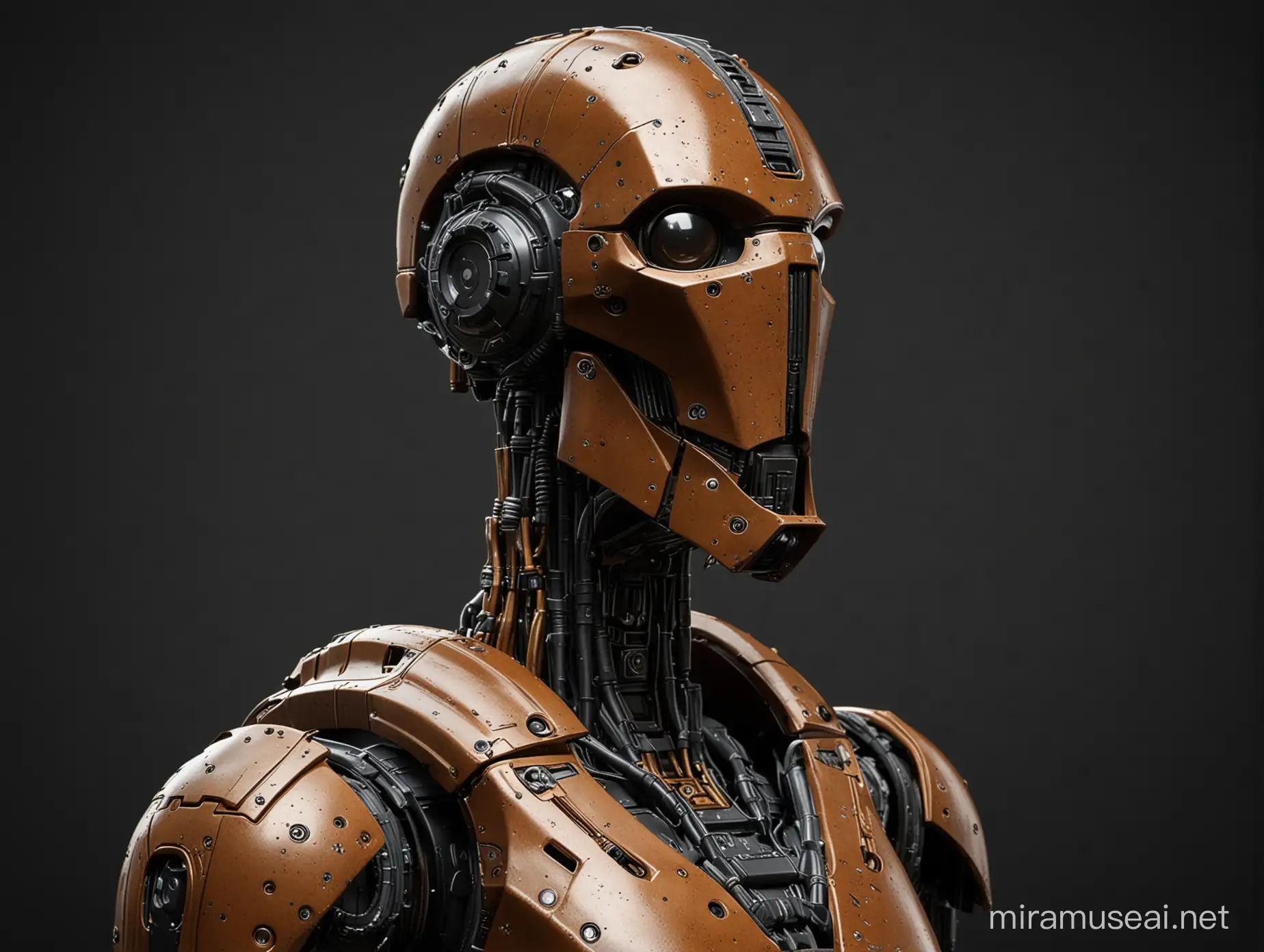 Metallic Bust of a Battle Droid from Star Wars Universe, Droid, robotic, great lighting, 3D, Photorealistic, HD, Detailed, Blank background, Full Black Background, centered object, zoomed in.