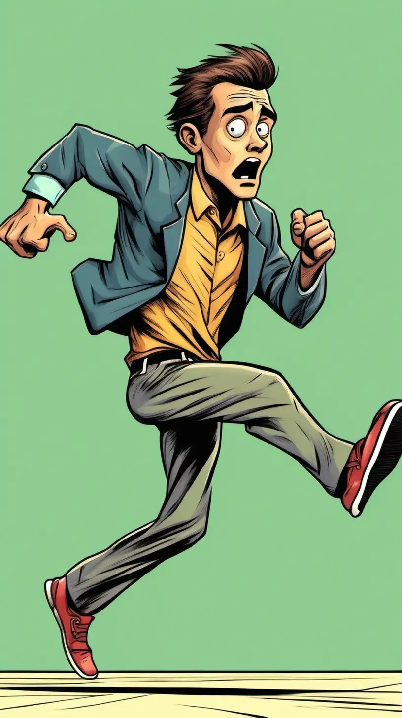 Cartoony Color: Young clean cut man running from the side with a fearful look on his face