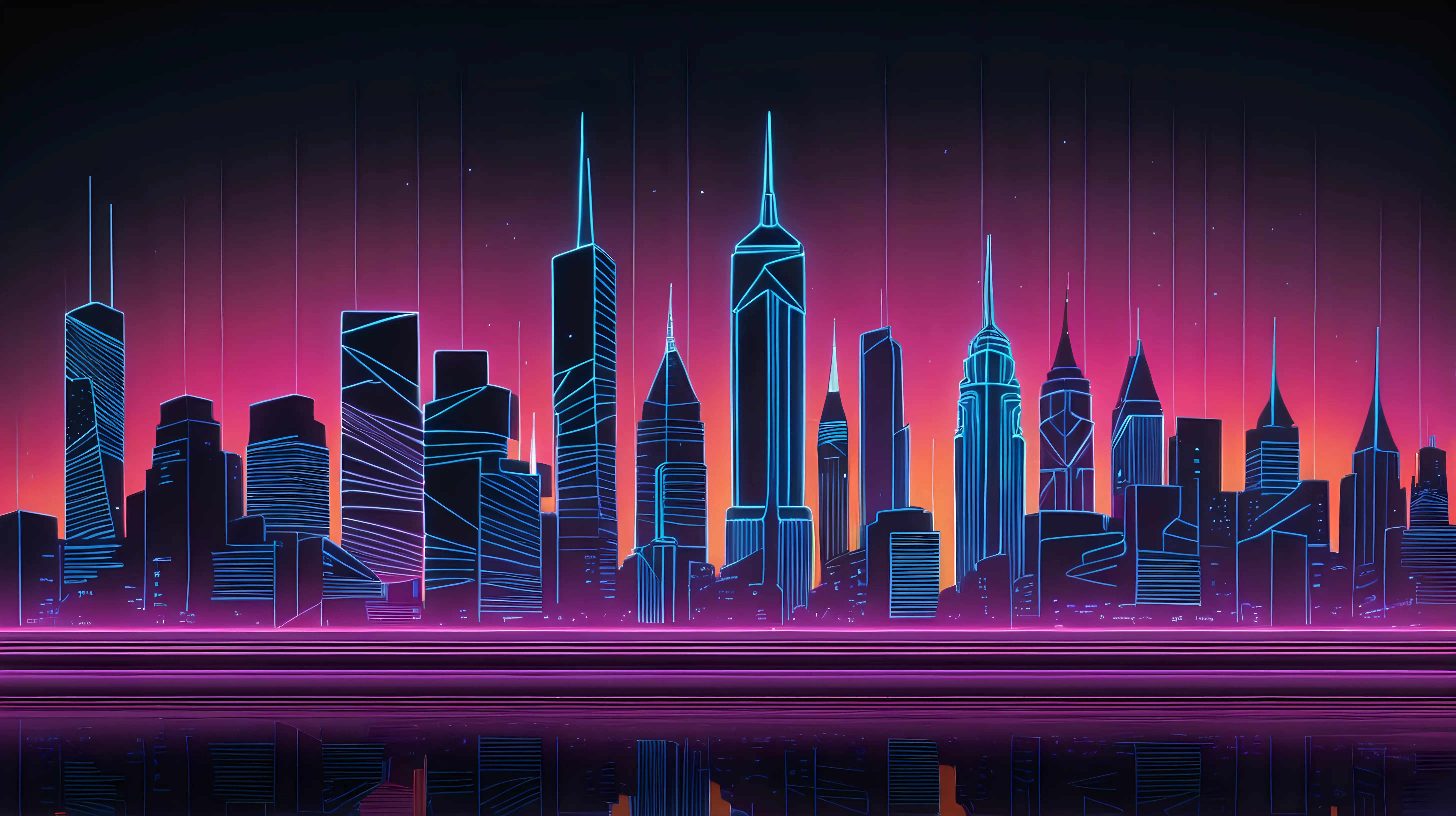 Dynamic Cityscape Silhouette Vibrant Neon Lights in Dark Urban Setting
