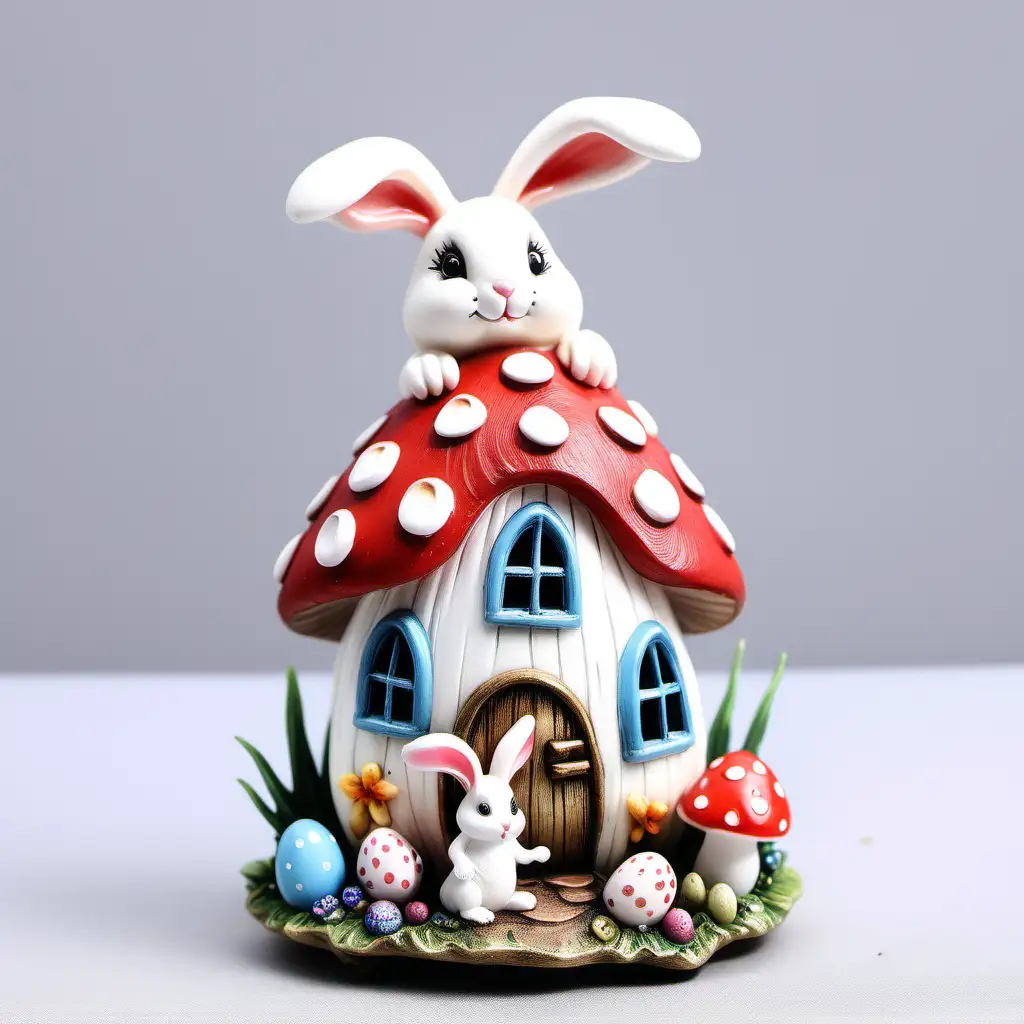 Charming Easter Mushroom House with Bunny Accents on White Background
