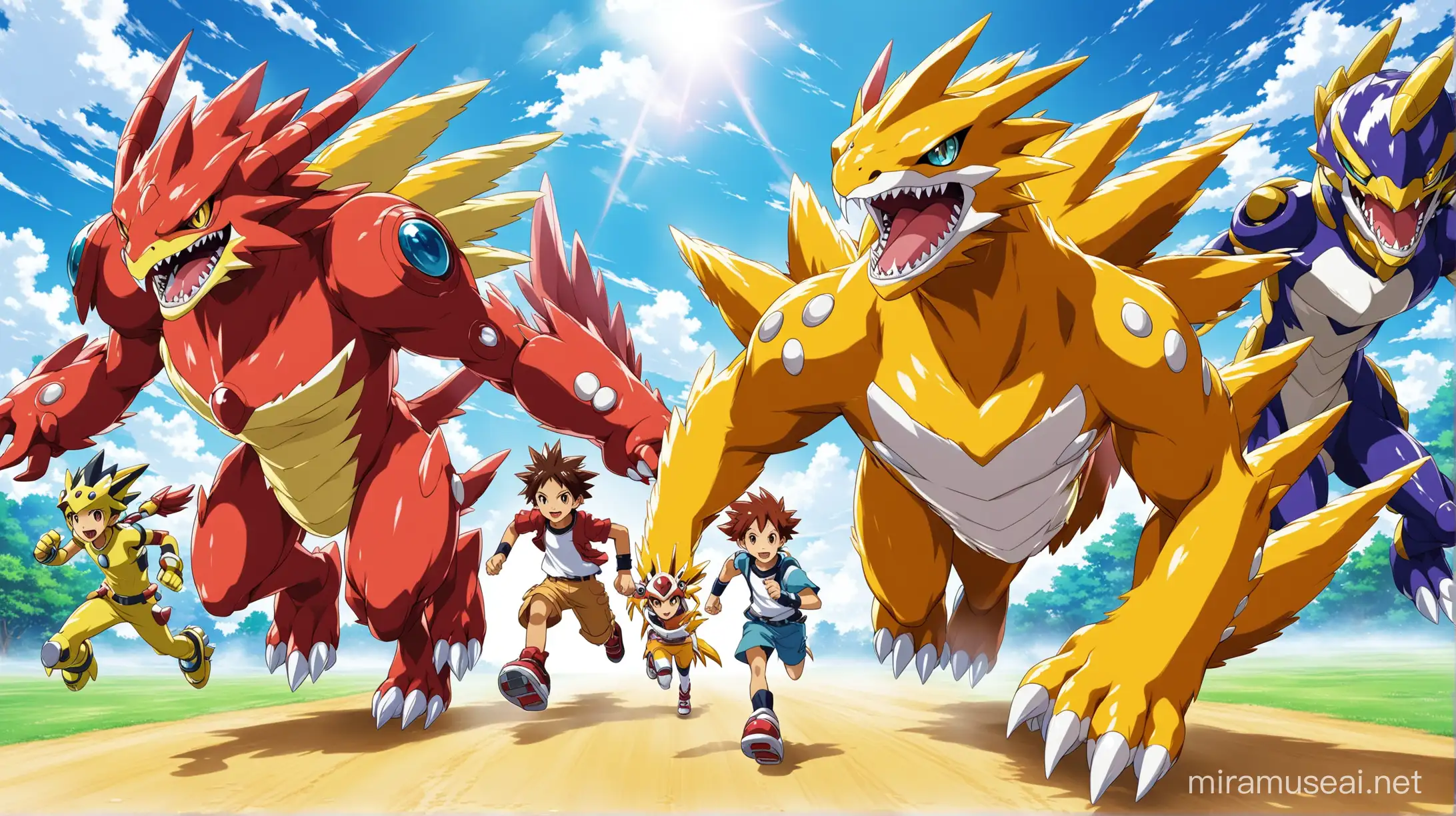 2 Digimon Tamers running toward other digimon to fight them