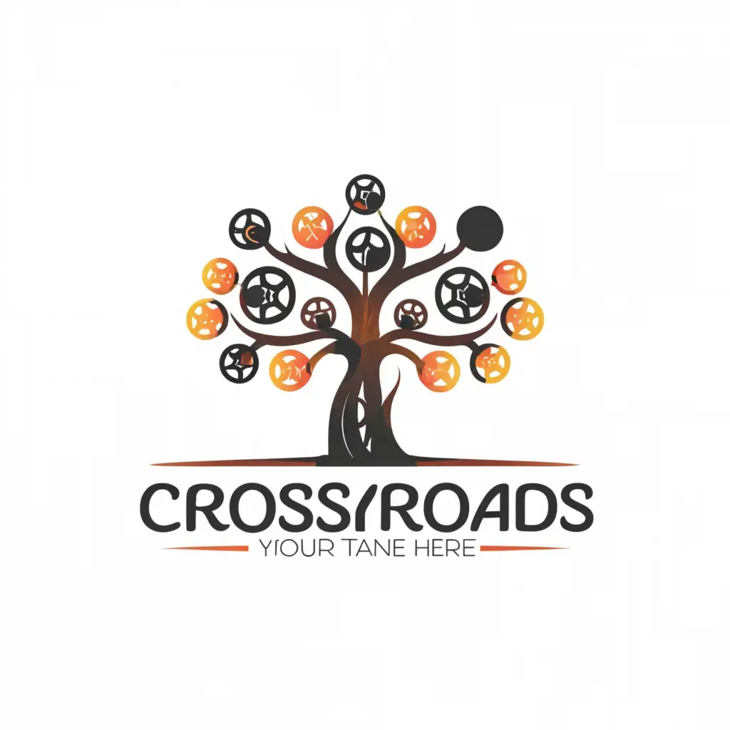 a logo design,with the text "crossroads", main symbol:branching tree made out of film reels and negatives,Moderate,be used in Events industry,clear background
