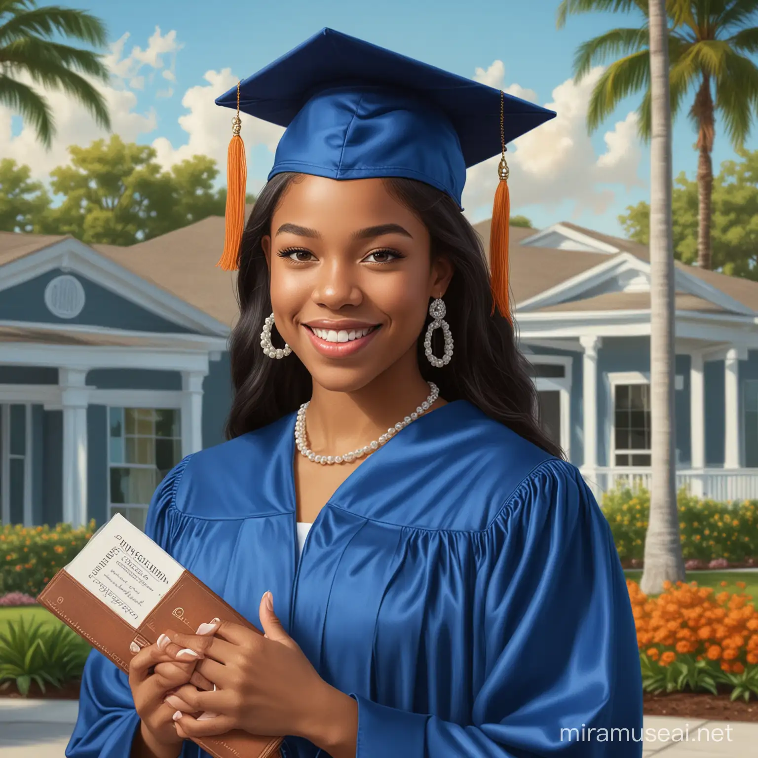  Create a dramatic hyper  realistic portrait of an light skinned biracial African American Caucasian woman; she is 18 years old; she has on a blue graduation cap and gown;   she is standing outside, and  smiling; the background is vibrant  orange and blue with a gator mascot ; the words class of 2024; she is wearing pearl  earrings and a pearl necklace; she is holding a diploma from  Escambia High School;  she is wearing a lace front black long straight wig with baby hairs.