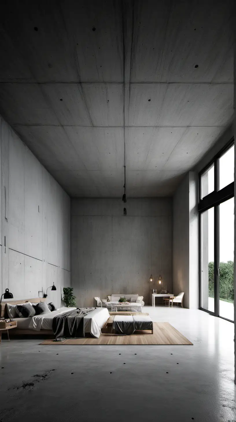 Concret grand space bedroom with kitchrn