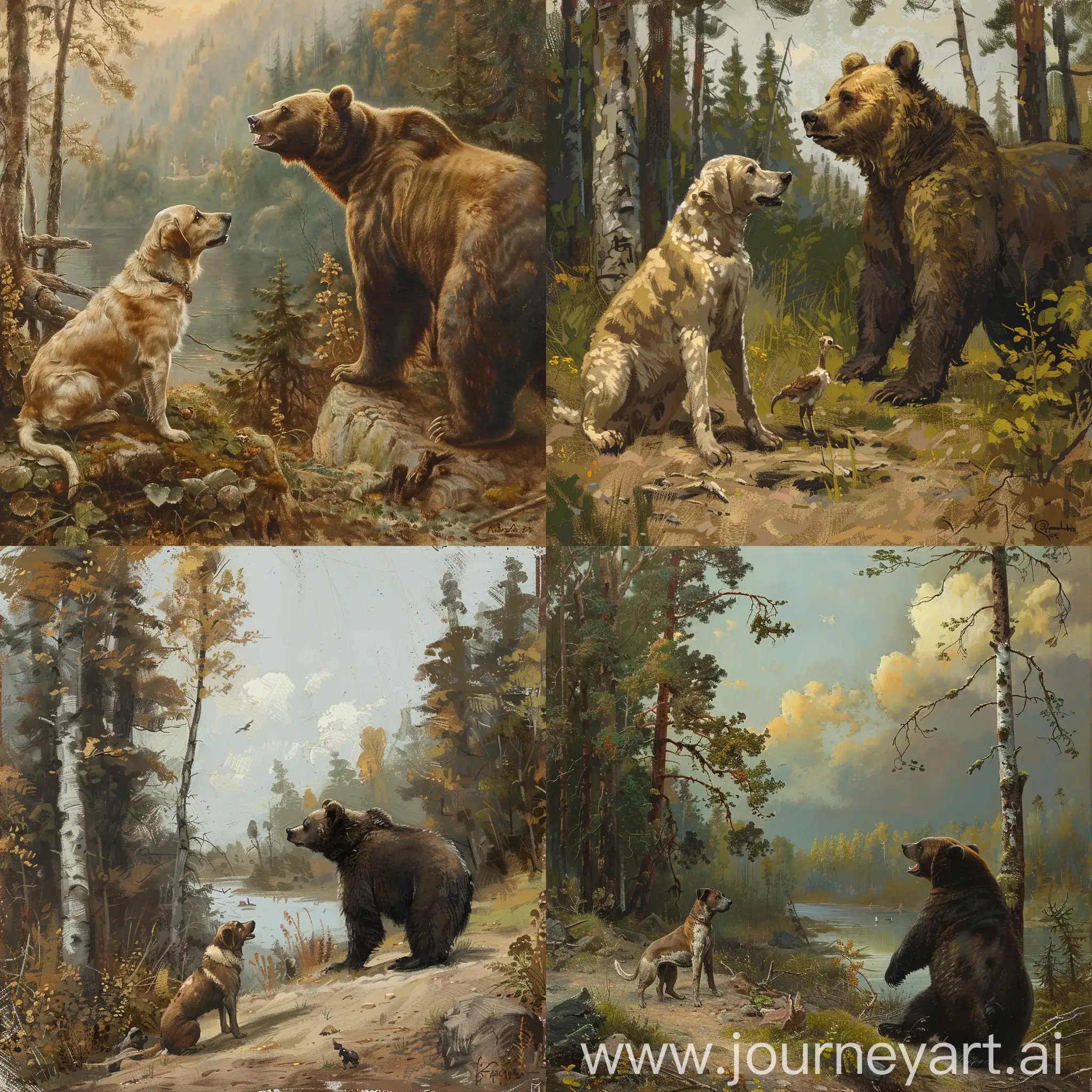 Старая собака разговаривает с медведем на опушке леса.