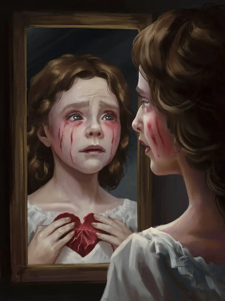 Digital painting of a beautiful woman looking at her reflection and seeing her younger self as a child and broken while she looks normal and pretty pretending to be happy 