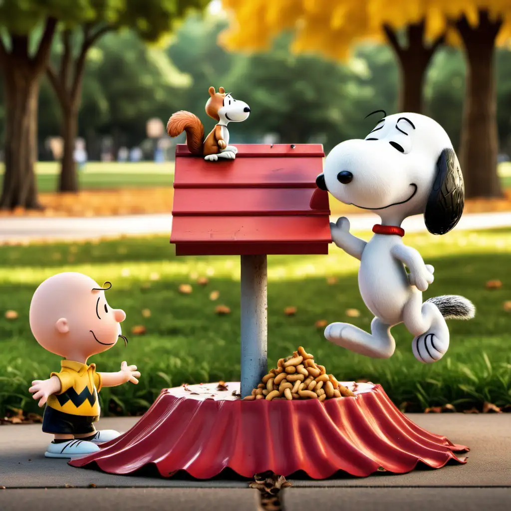 "Peanuts" and snoopy the cartoons trapping a squirrel in a park