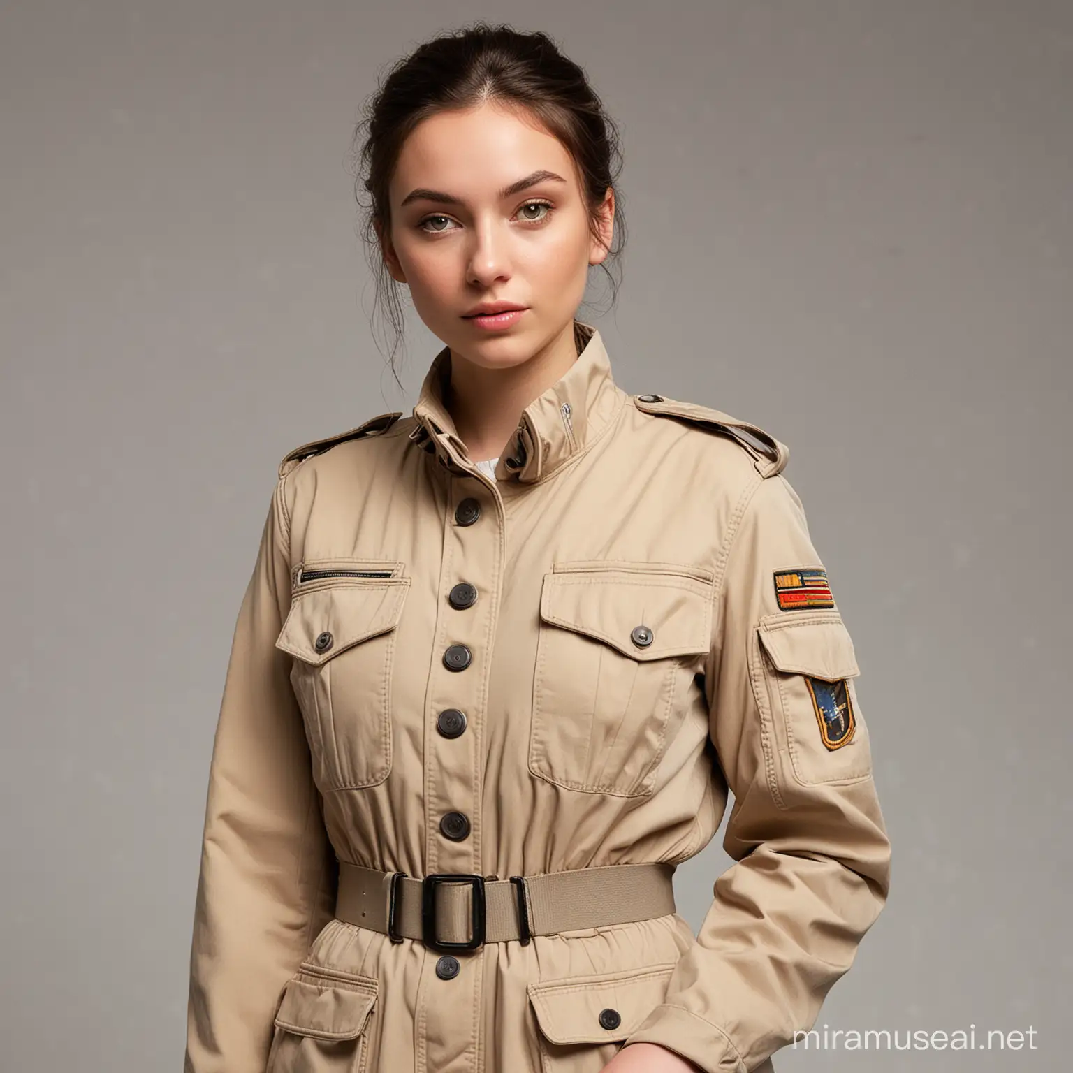 Young female adult wearing a worn futuristic pocketed beige post-war military jacket
