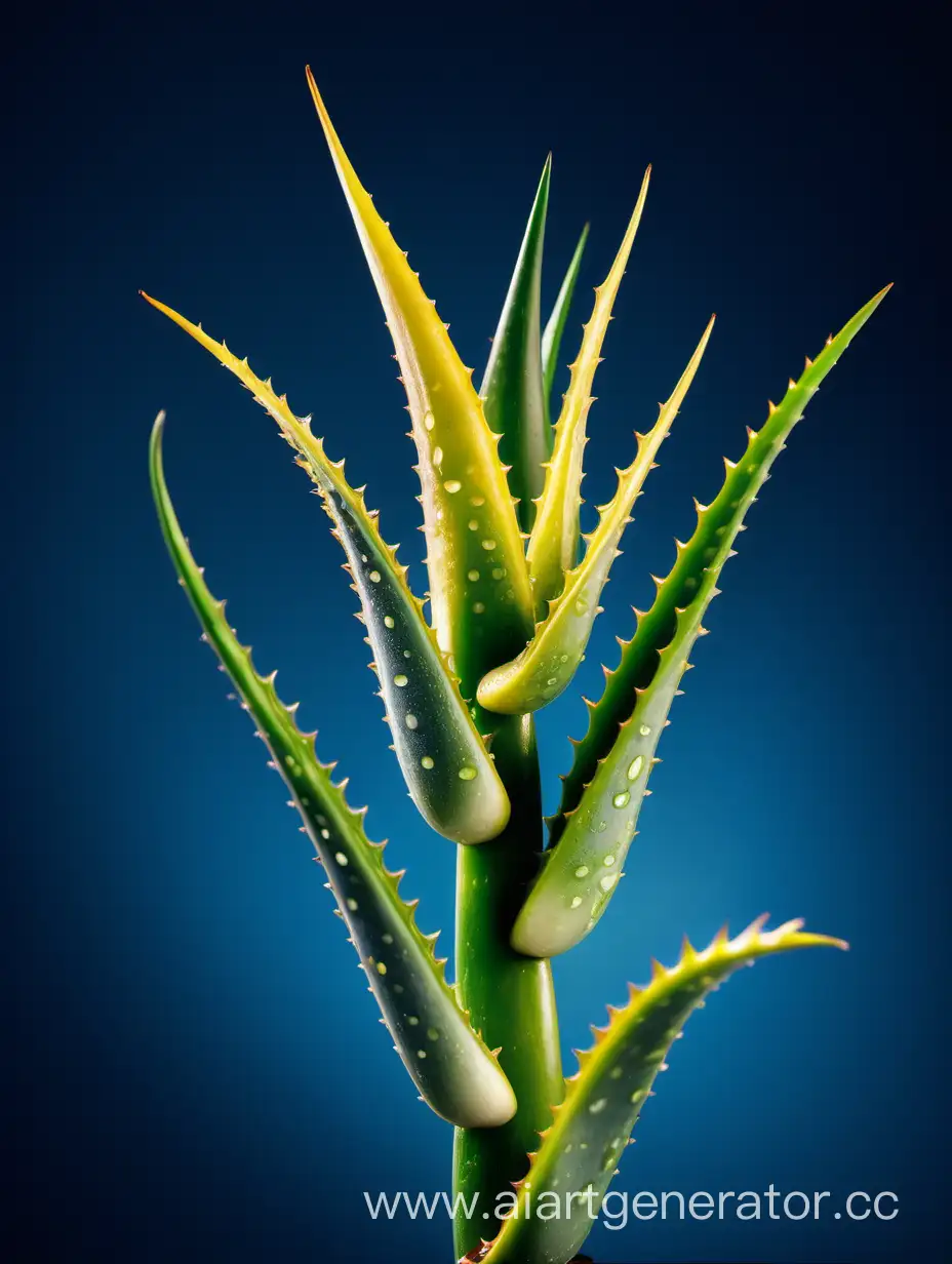 Aloe vera extreme close up 2 leaves WITH LEMON on NEVY blue background