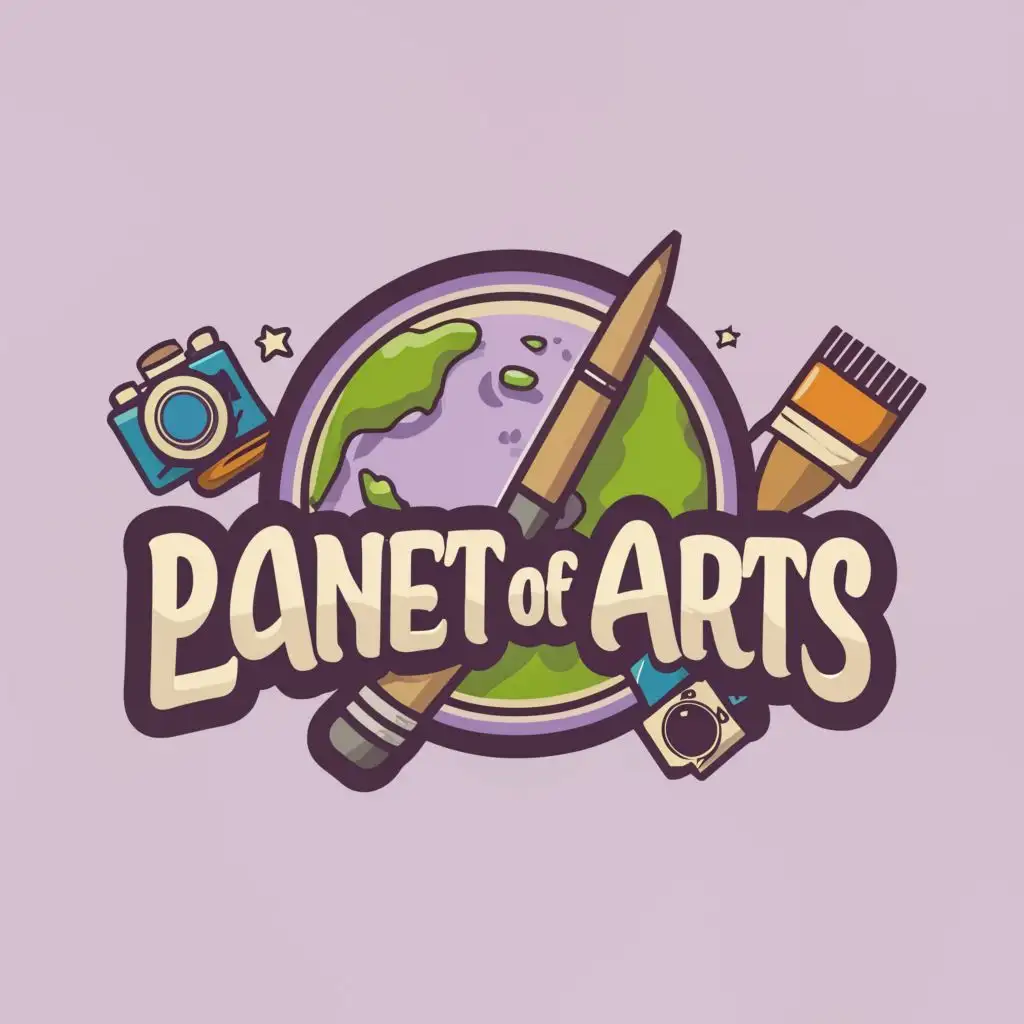 logo, a planet, an art brush, a camera, vector art style, lavender and beige colors, with the text "Planet of Arts", typography