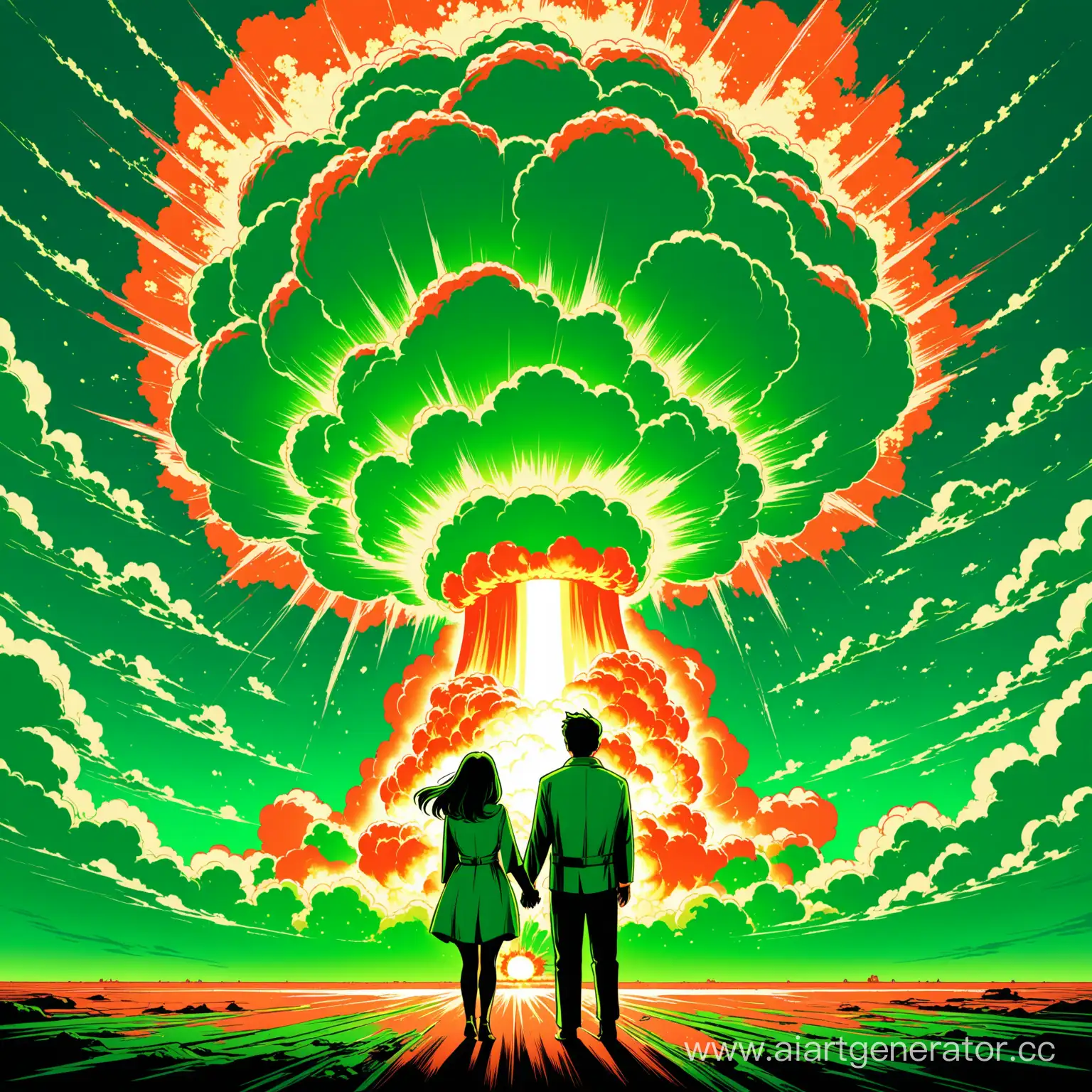 влюбленная пара смотрит на ядерный взрыв в зеленом стиле
