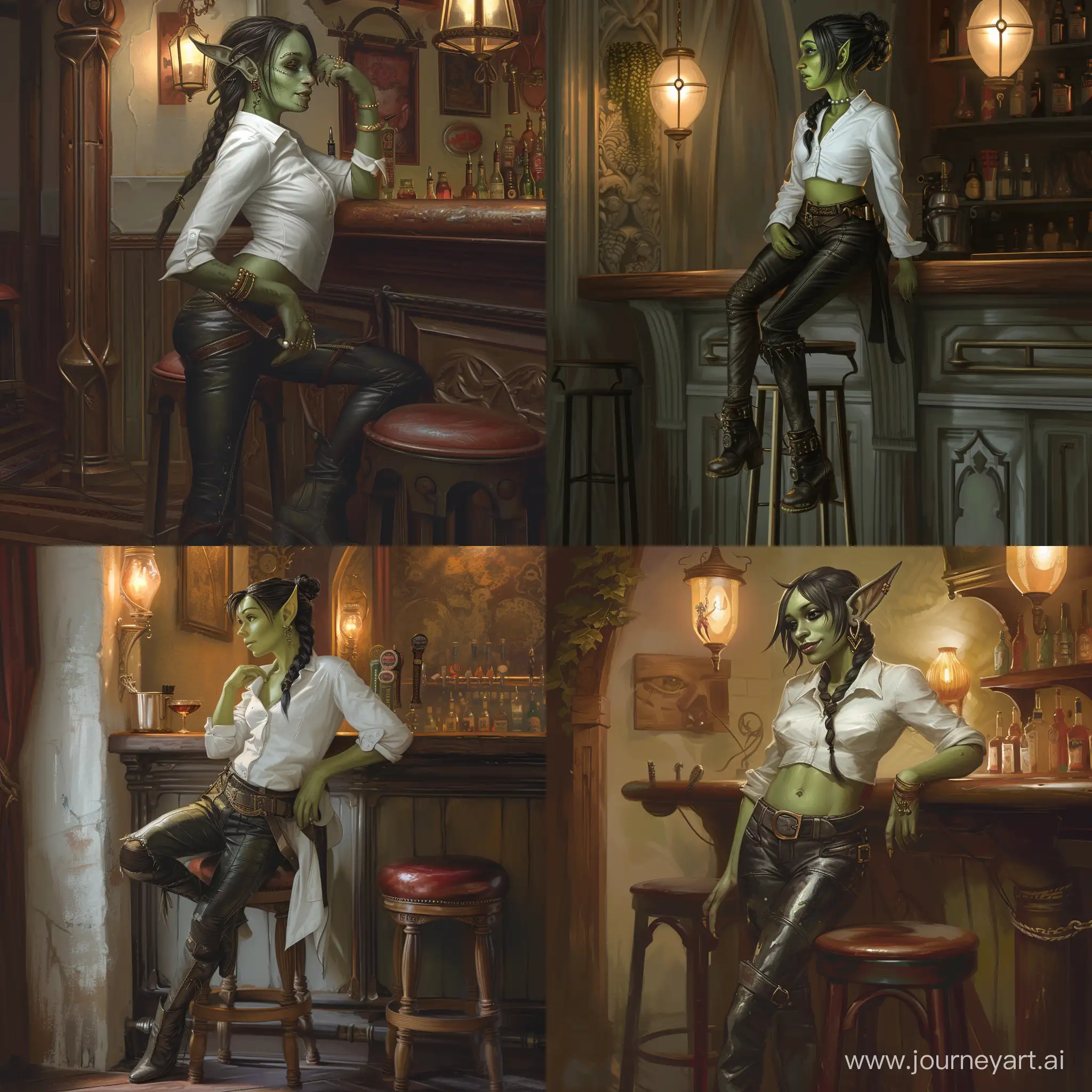 female goblin of short stature, with green skin and dark cage hair in a braid, and she dresses in a white shirt and leather pants, she is hanging out in a bar standing on a stool since she is too small to reach the bar