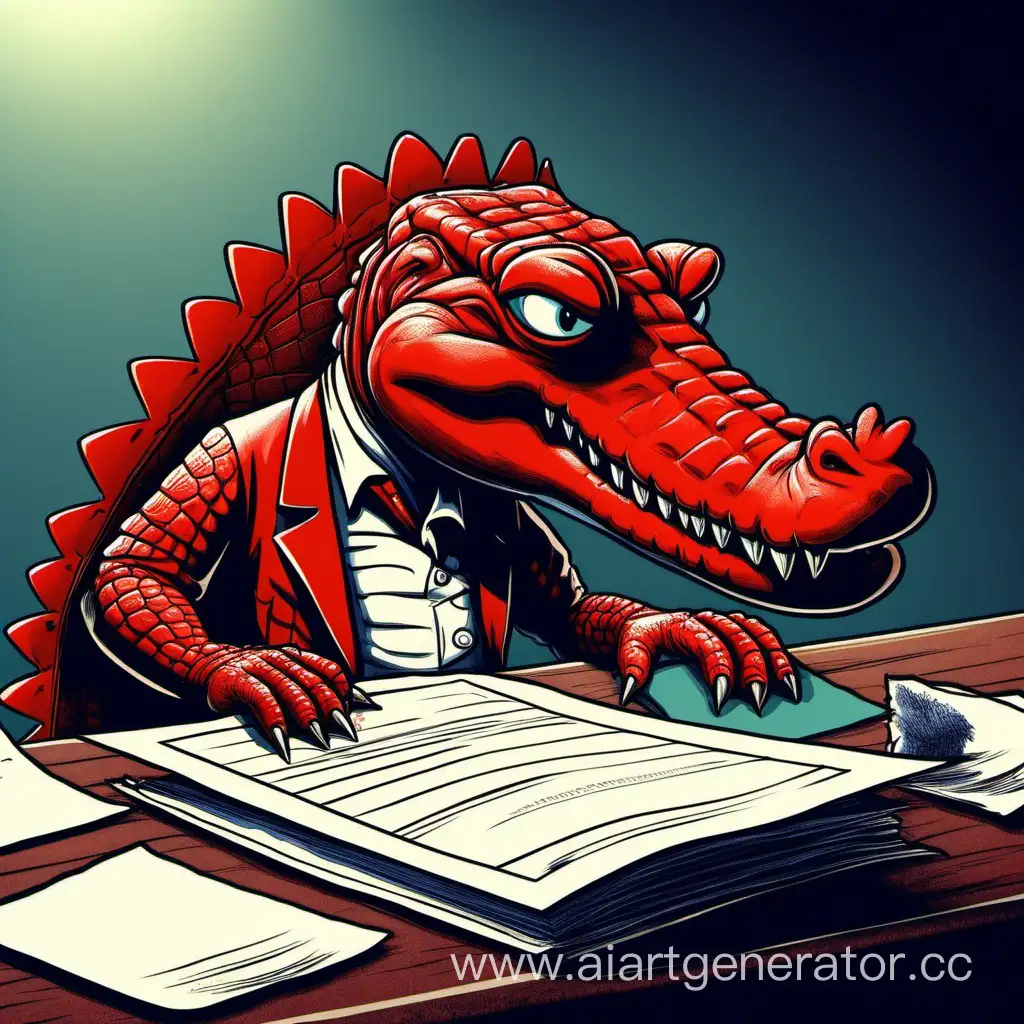Intelligent-Red-Crocodile-Engrossed-in-Document-Review