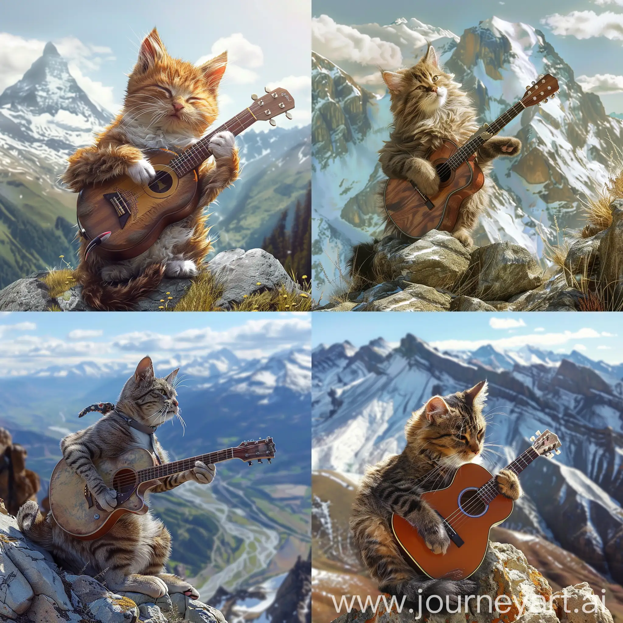 A cat playing a guitar on a mountain. Ultra realistic