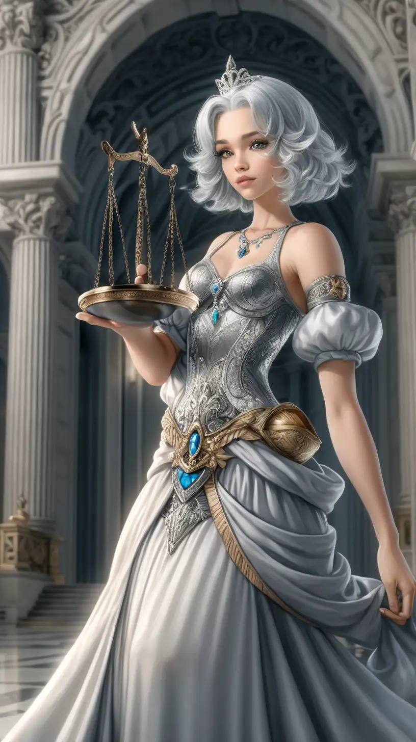 A beautiful princess with gray hair wearing a big beautiful designer dress and holding a scale of justice in her hands and his background like a palace 