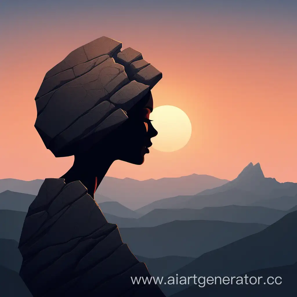 profile of a girl in a rock, mountain, rock, minimalism, sunset, dawn.