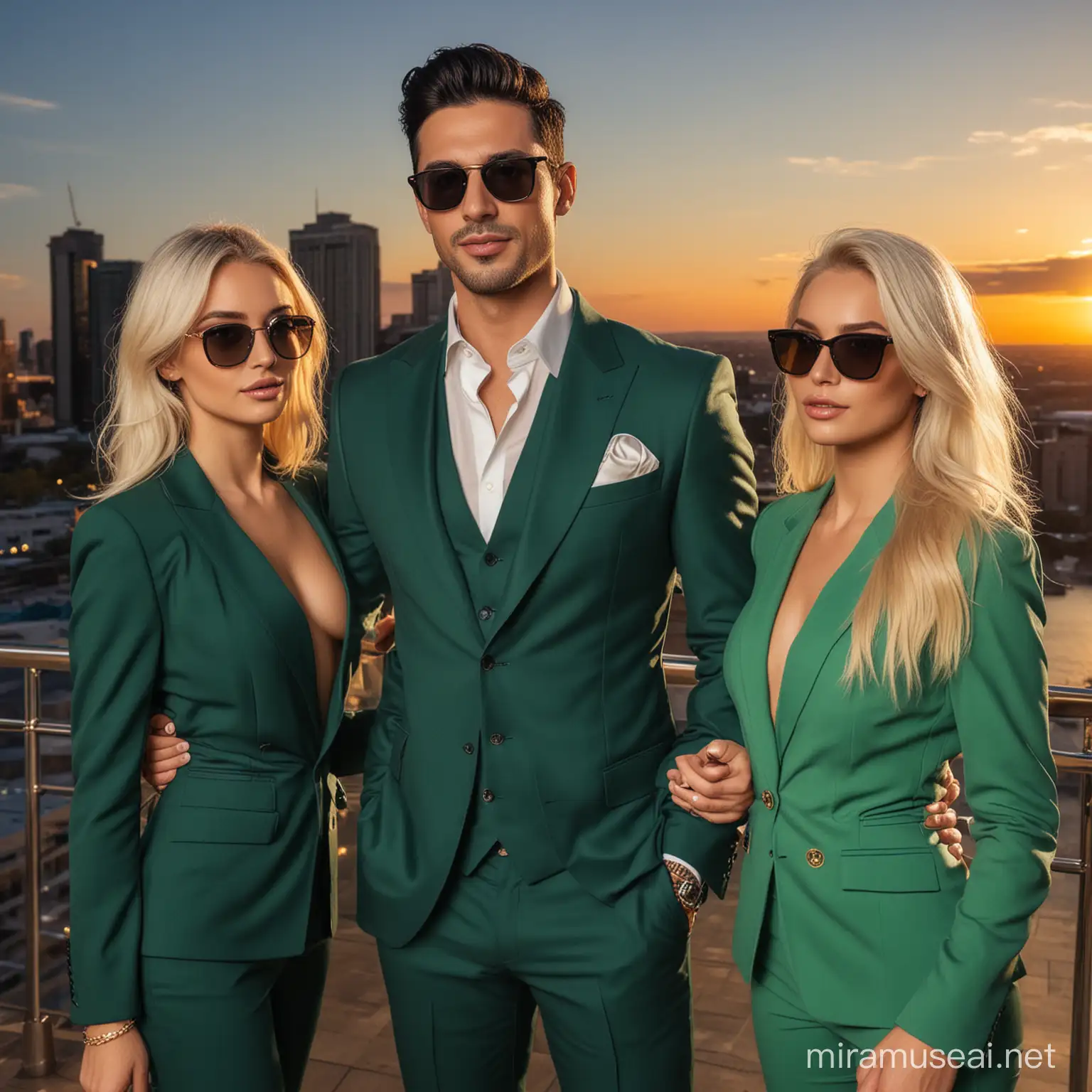 Handsome man with black hair, stubble and sunglasses wearing elegant dark green suit with two blonde girls in a luxury club during sunset