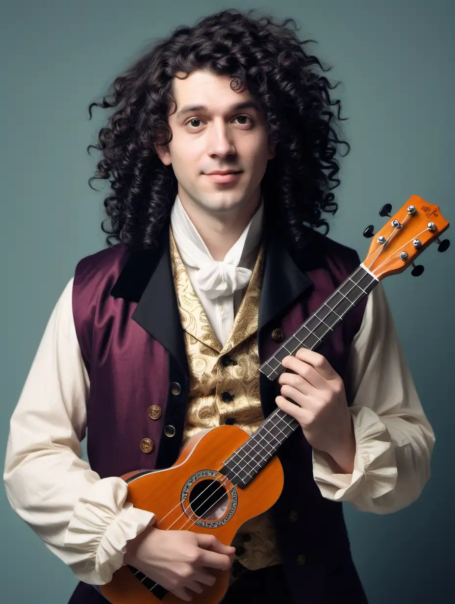 portrait of a bard, modern clothing, ukulele, big black curly hair