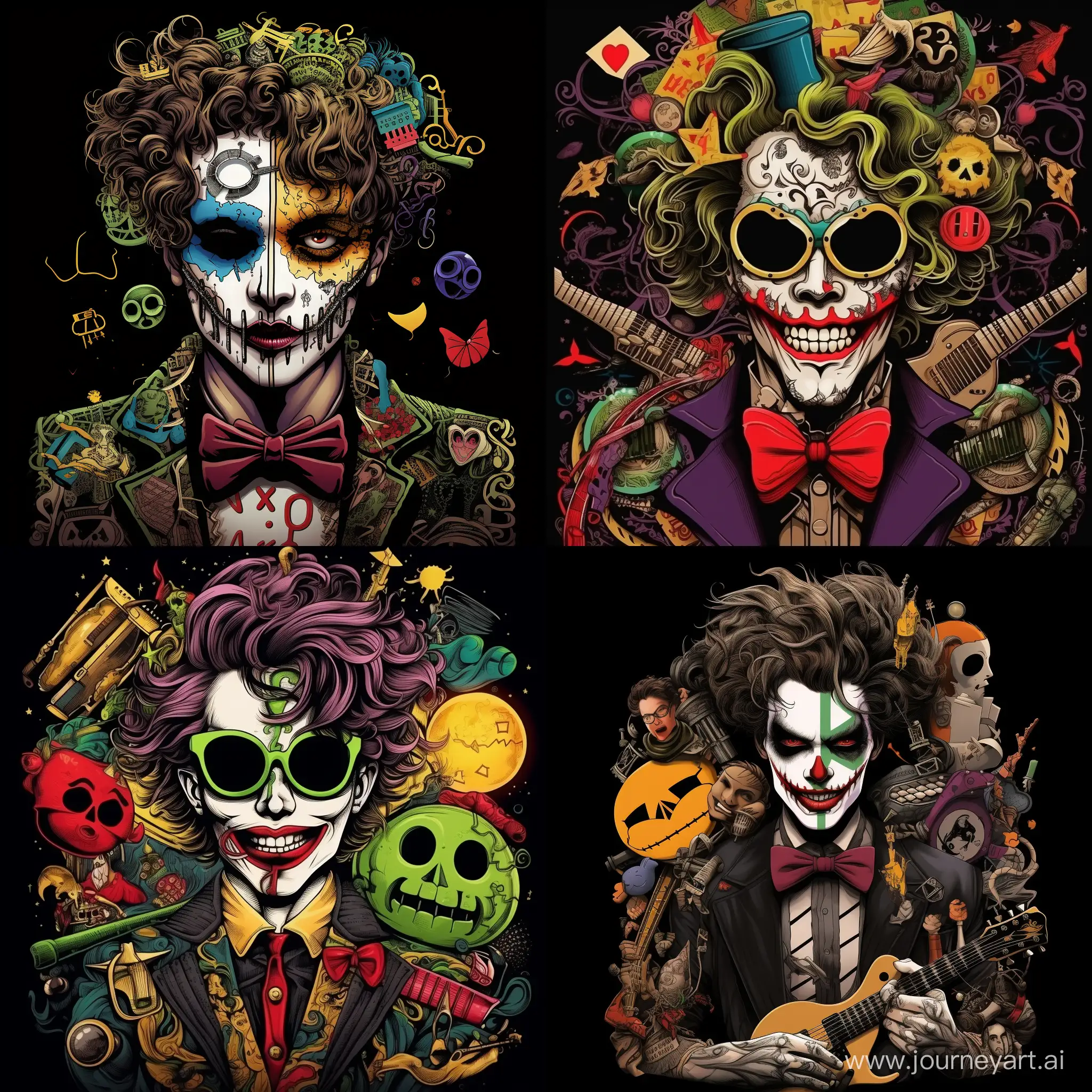 Waist portrait  Joker, surrounded by musical symbols, lots of details, complex colors, caricature, pop art style