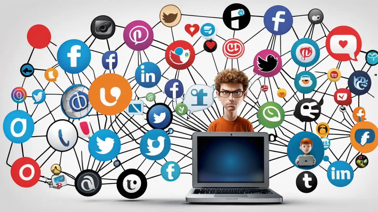 Cartoon: A character surrounded by a web of internet icons and social media logos, depicting the interconnected online world.