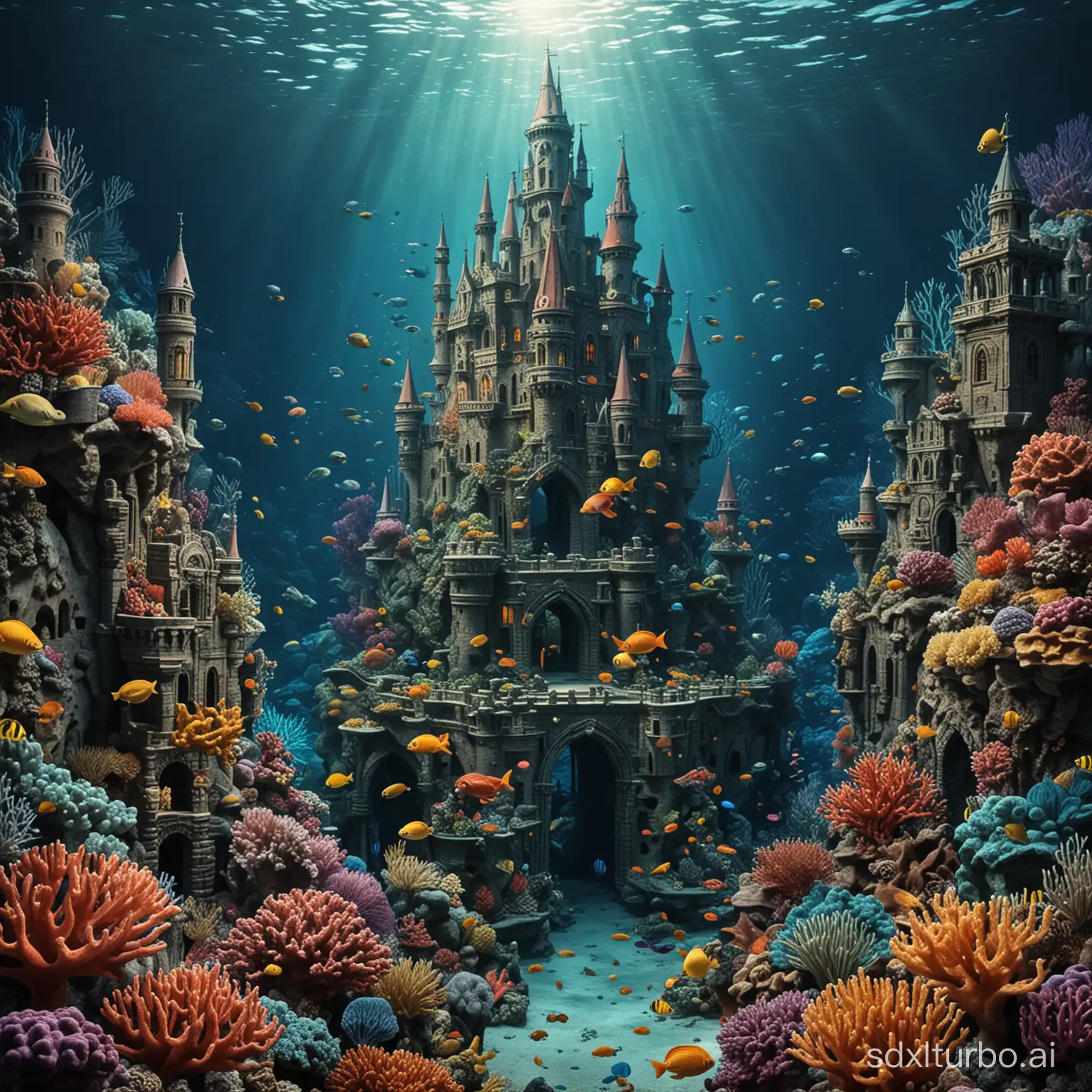 Vibrant-Deep-Sea-Castle-Scene-with-Diverse-Fish-and-Coral