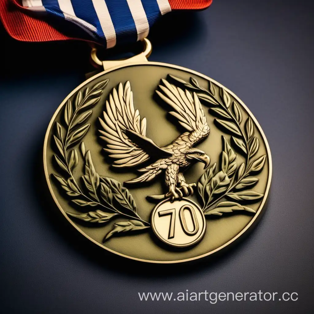 круглая военная медаль для юбилейного события 70 лет с лавровыми ветвями и орлом
