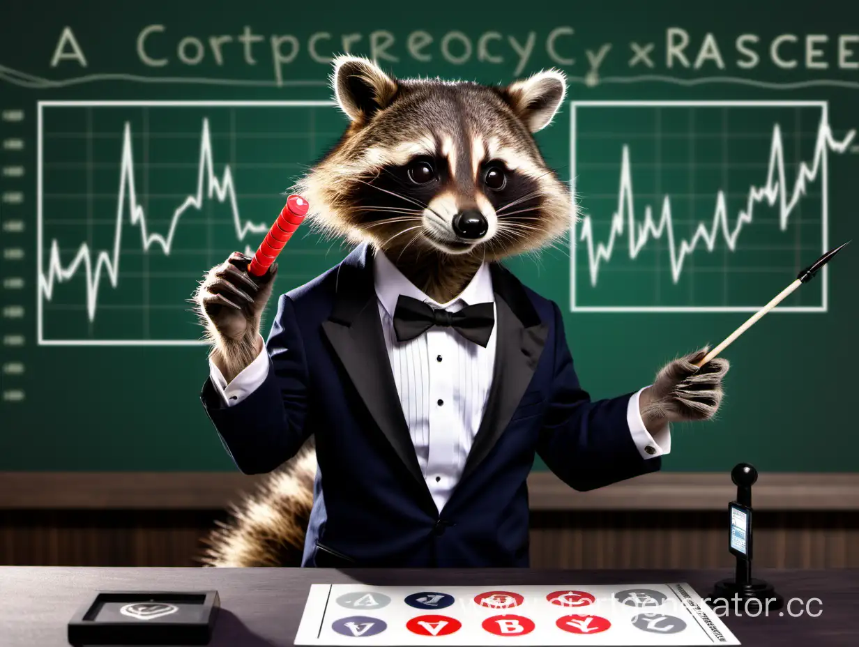 A raccoon in a tuxedo points with a wand at the board where there is a cardiogram of cryptocurrency rates from A to Z. 