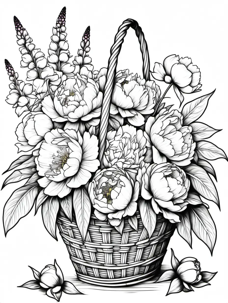 coloring page for kids, black lines white background, french flower basket spilling with peonies, foxglove