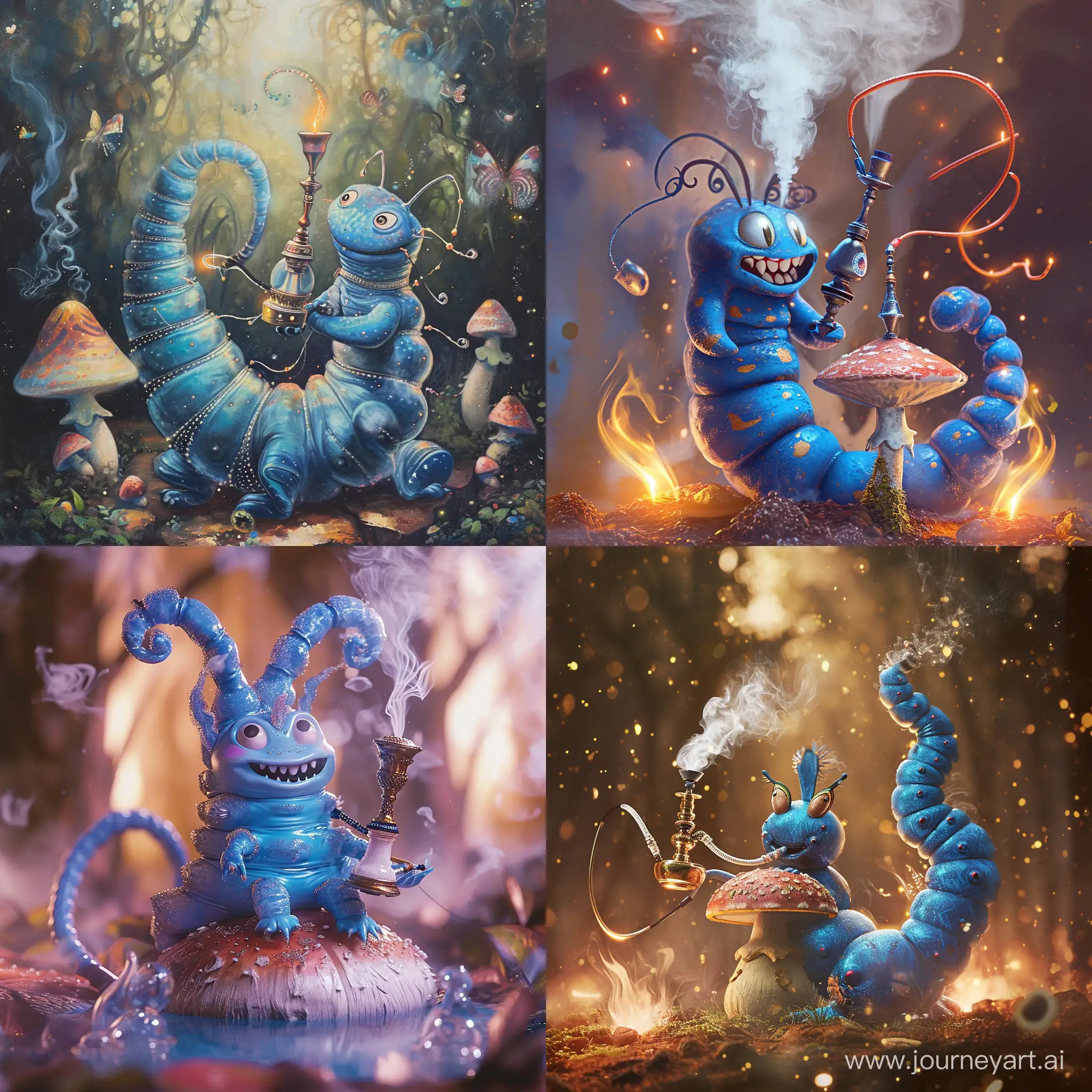 Enchanting-Blue-Caterpillar-with-Hookah-on-Magic-Mushroom