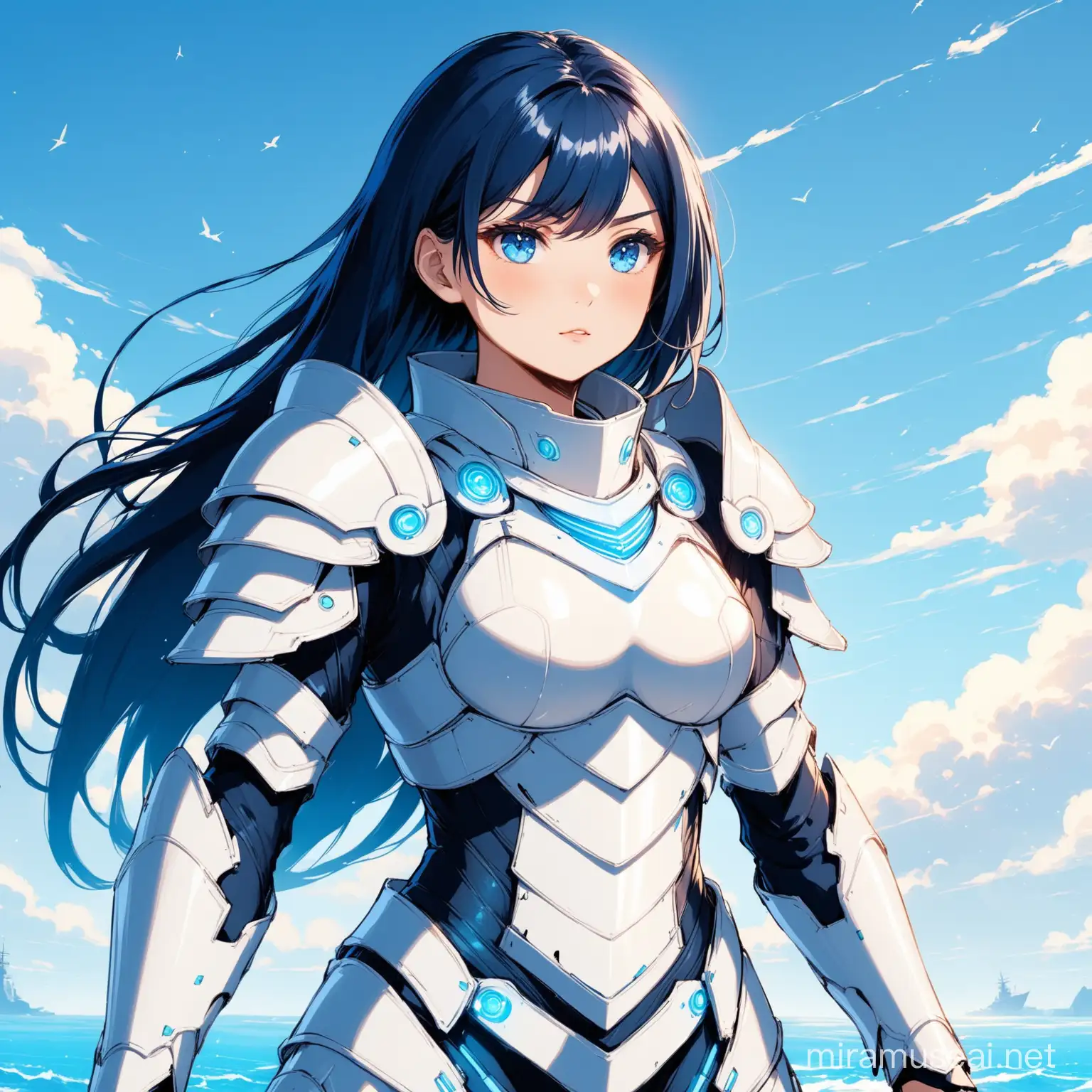Futuristic Girl Warrior in Navy Hair and White Armor