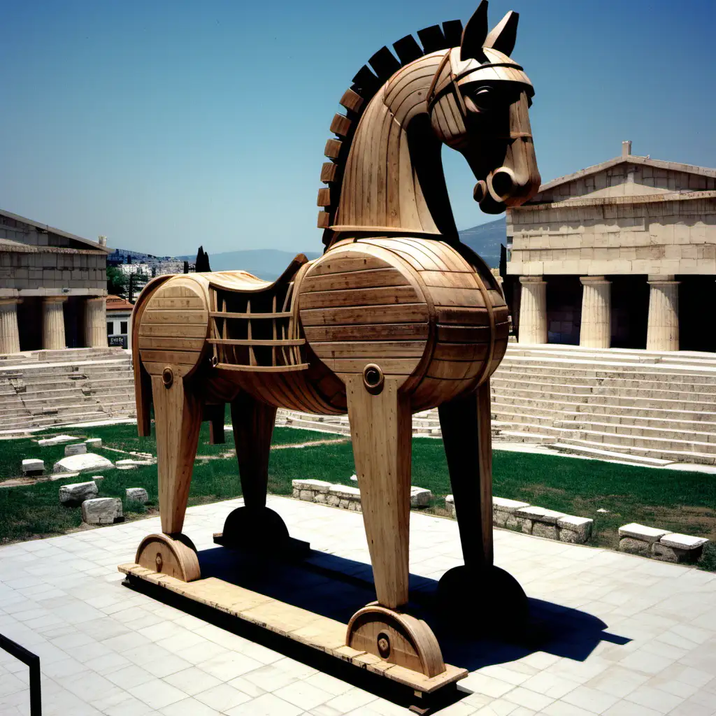 enorme caballo de madera donde entraron escondido los griegos a la ciudad de troya
