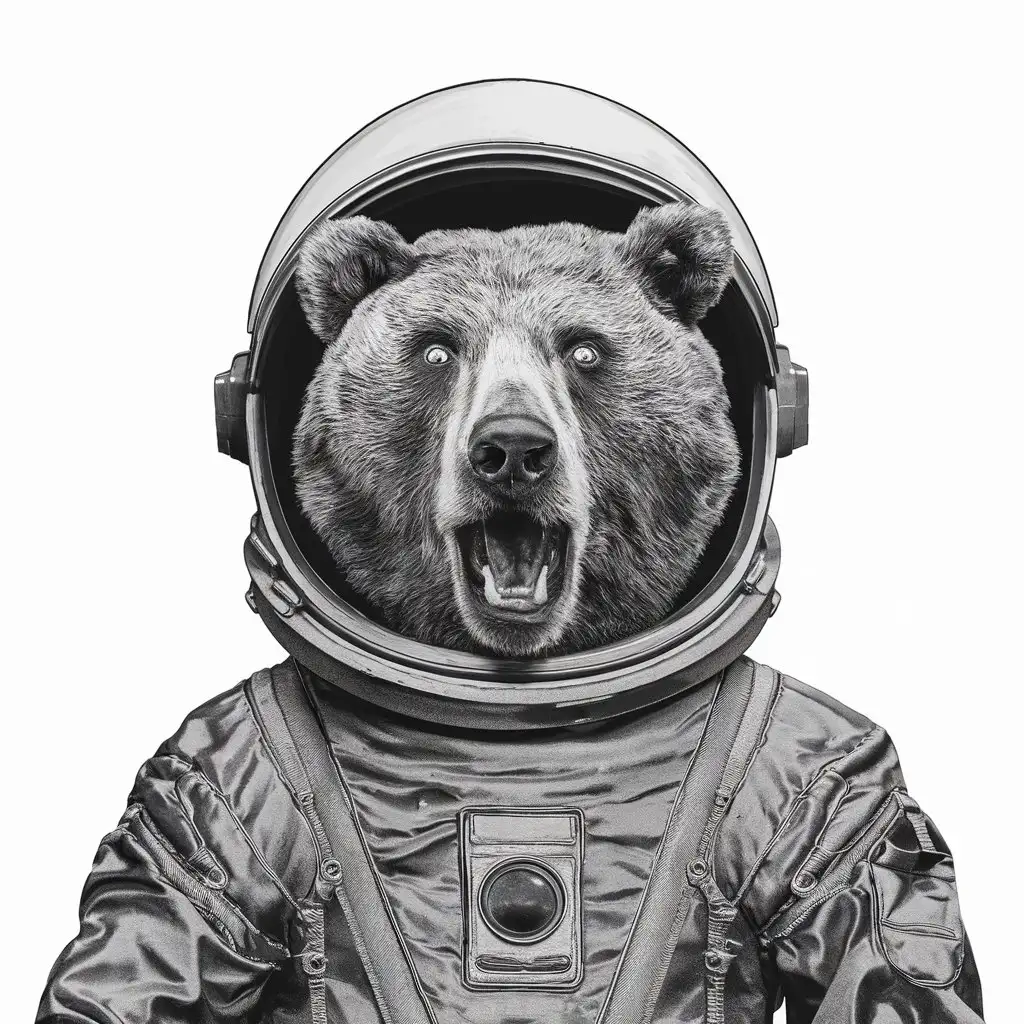 bear face, in an impossible position, wearing a strange cosmonaut suit. Only black and white clip art line, with no shadow