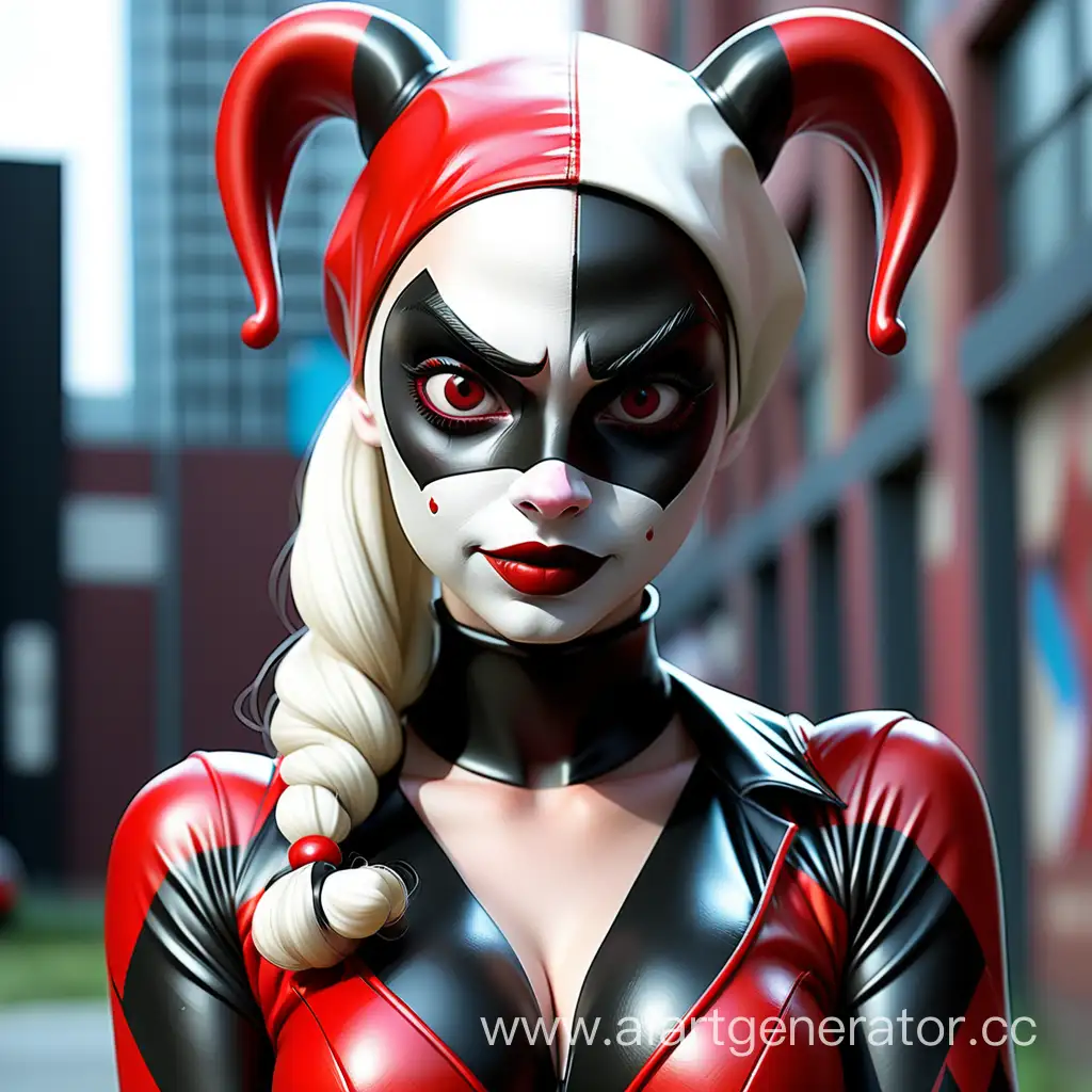 Latex-Girl-Cosplaying-Harley-Quinn-Black-and-Red-Costume-with-Superhero-Mask