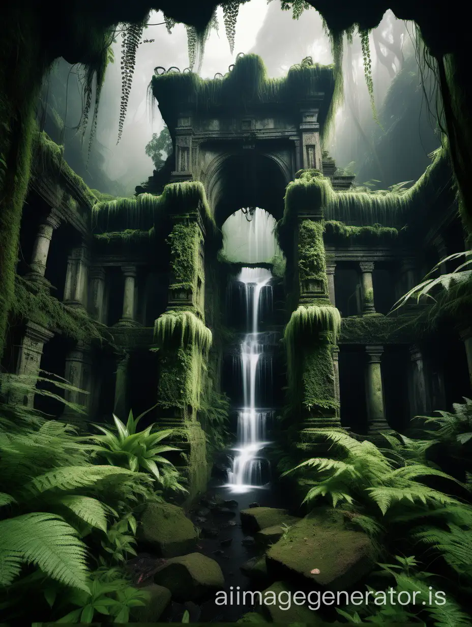 A dark and eerie ancient ruin, overgrown with moss and ferns, stands in a dense jungle with a small waterfall in front and misty atmosphere.
