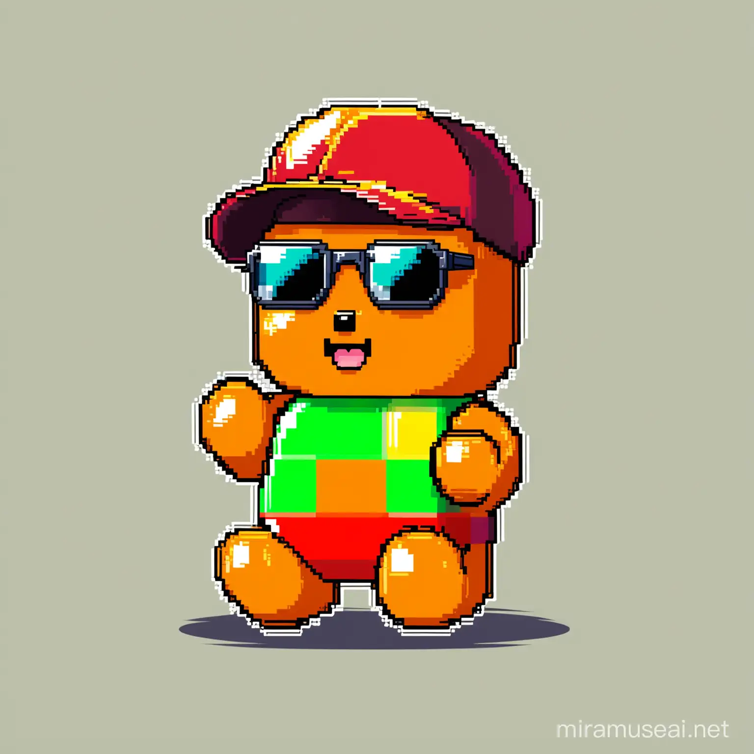 Funny and raandom colored 8 Bit solo gummy bear Mascot for Crypto Meme Token. Random accessories like cap or sunglasses or joint