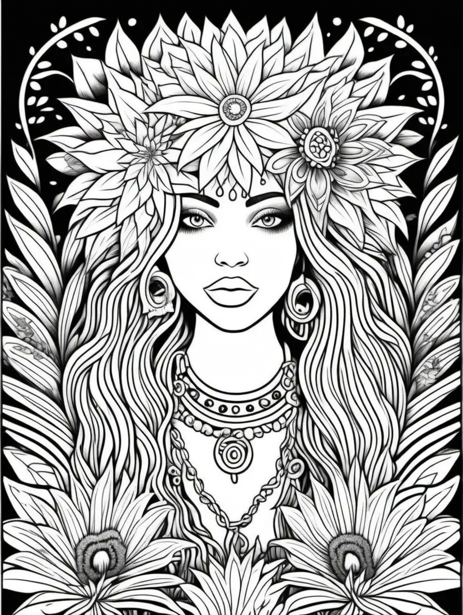 Hippie Girl Amidst Jungle Flowers Black and White Coloring Book Page