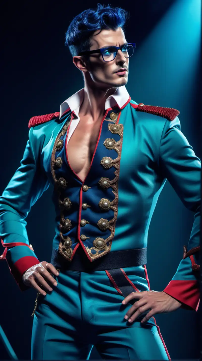 handsome male life like shirtless hunky android hero
short navy blue hair, glowing aquamarine eyes, glasses, stubbles, 5 o'clock shadow. 
He is voguing on stage in a tailor made matador's outfit, with his shirt open to show his sweaty torso
