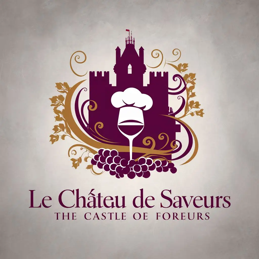 logo, The logo for Le Château de Saveurs features a majestic castle silhouette with intricate details, surrounded by swirling vines and grape clusters. At the forefront, a chef's hat is placed atop a wine glass, symbolizing the fusion of French culinary tradition with the richness of wine culture. The color palette is inspired by the hues of vineyards and châteaux, with deep burgundy, royal purple, and golden accents, evoking a sense of sophistication, heritage, and indulgence., with the text "The Castle of Flavors", typography, be used in Restaurant industry