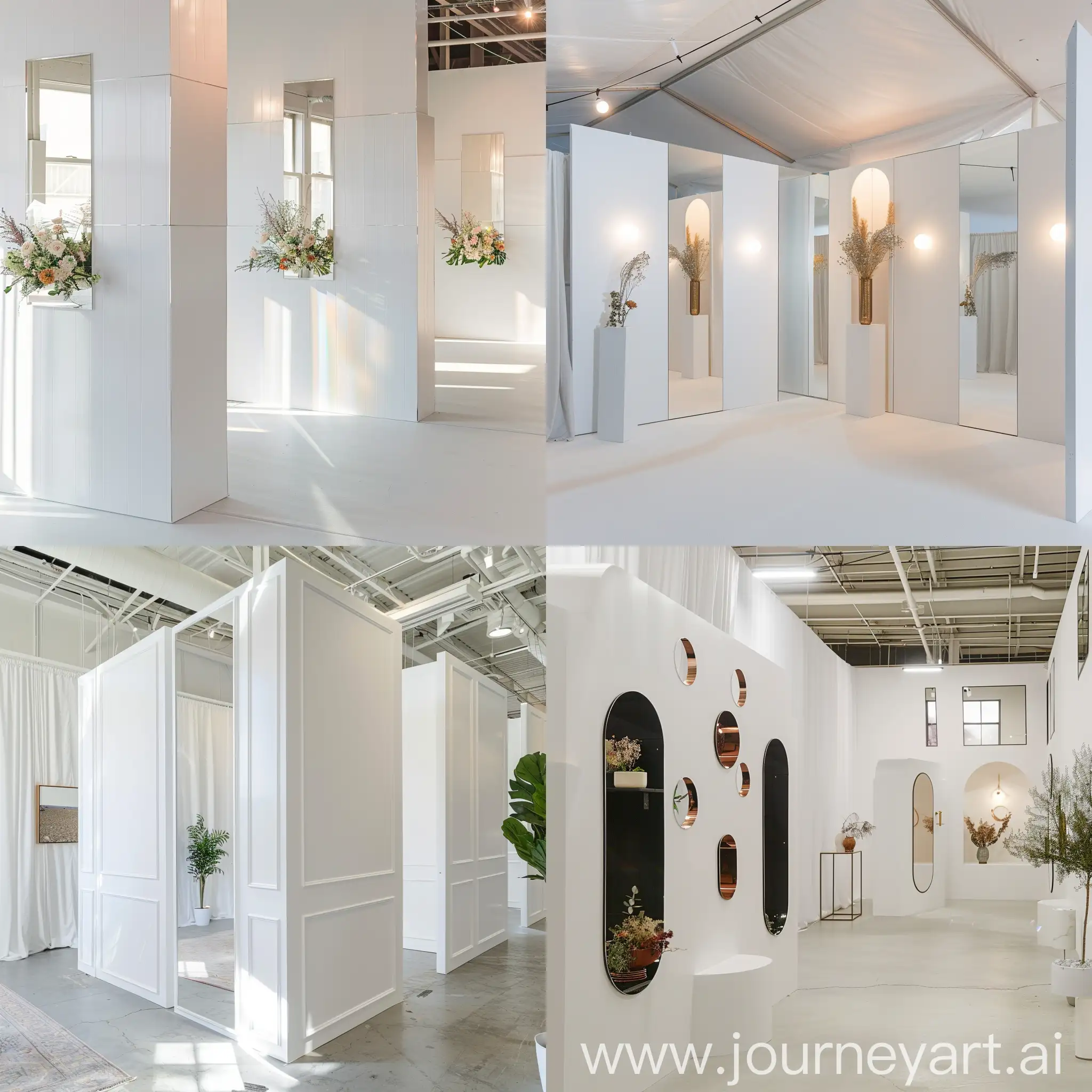 Generate an image of a pop-up event space with crisp white walls adorned with accent walls featuring  Mirrored wall panels are strategically placed to enhance the sense of space and brightness.