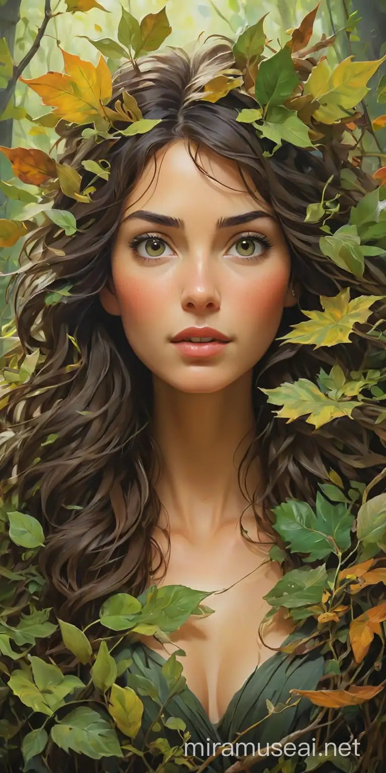 Natures Portrait Womans Face Amidst Wild Leaves in Oil Painting