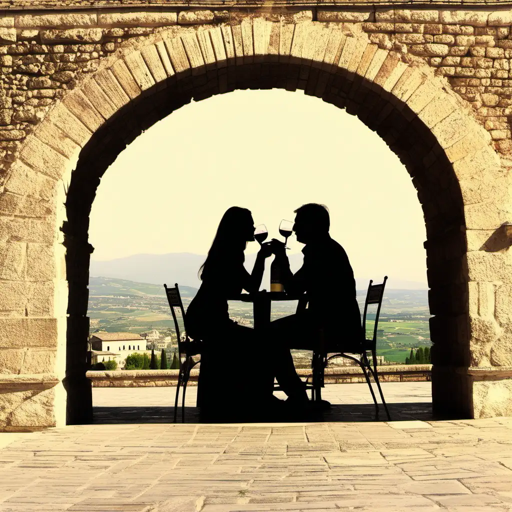 The shilhoet of a man and a woman drinking wine in assisi