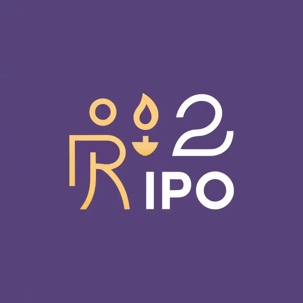 logo, golden color with purple background, a happy man like combined letter R and D holding a sparkling fire or a glowing lamp with meaning of enlightening others, with the text "rd2ipo", typography, be used in Science and Technology industry