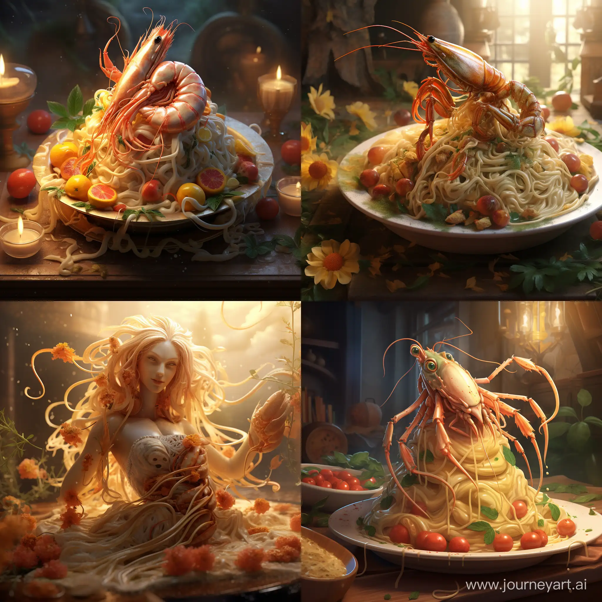 Create high fantasy character named Creamy Tuscan Shrimp Linguine