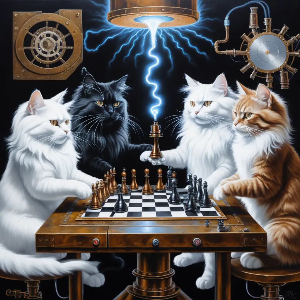 surrealistic painting of exactly 4 longhaired steampunk cats playing chess in an electric labo with a tesla coil. 2 cats are white. 1 cat is black with a white belly and a white chin. 1 cat is brown with a white belly and a white chin.